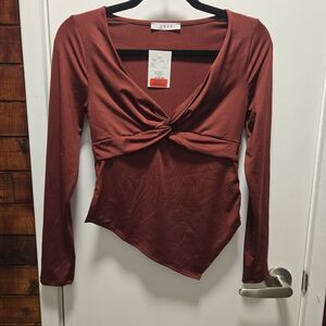 Twist-Front Long Sleeve Top - Burgundy